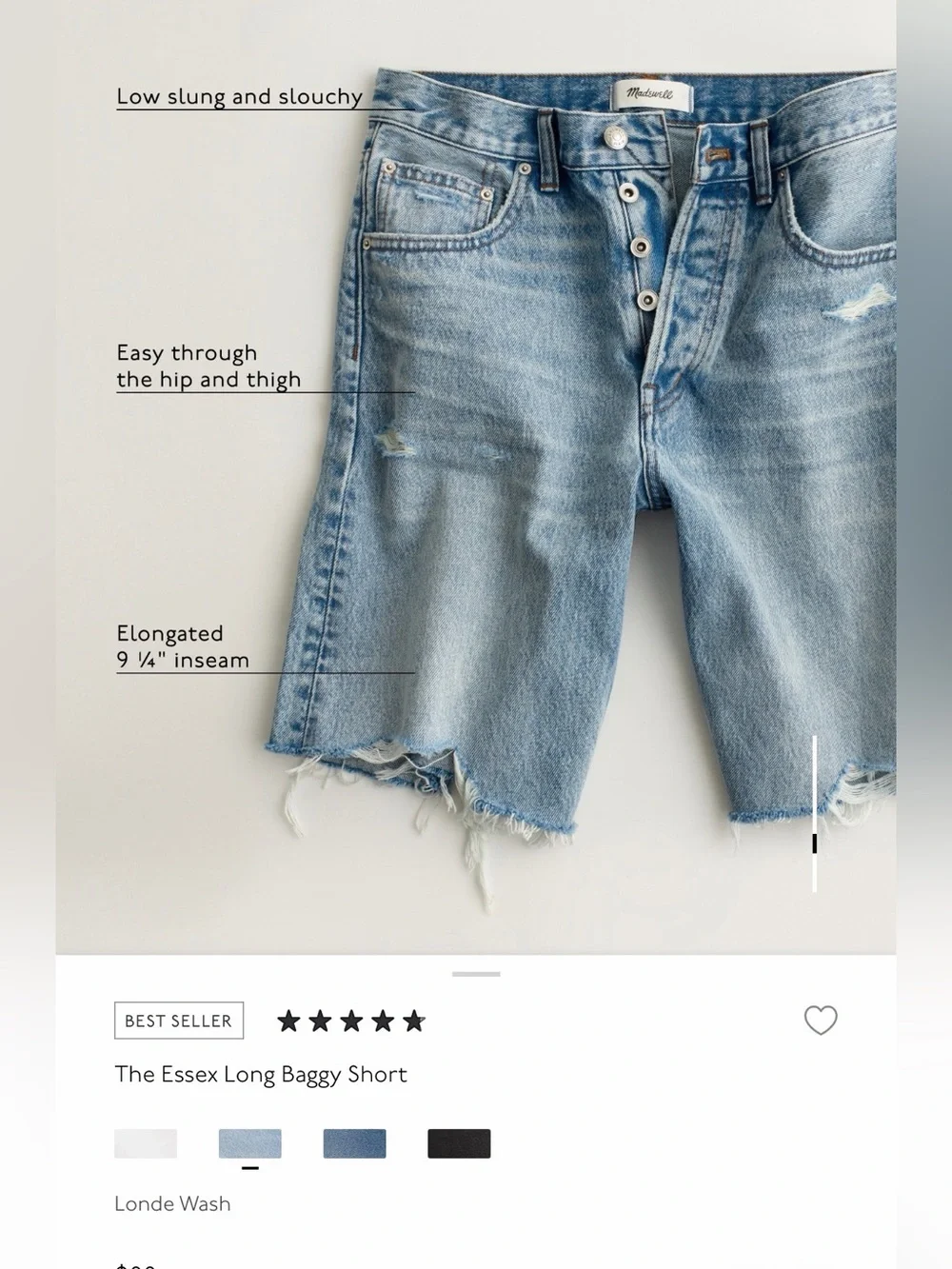 Madewell The Essex Long Baggy Short 27 New